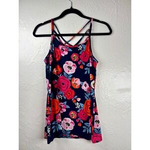 Eye Candy Womens XL Floral Strappy Lattice Neck Tank Top Bright Festival Boho
